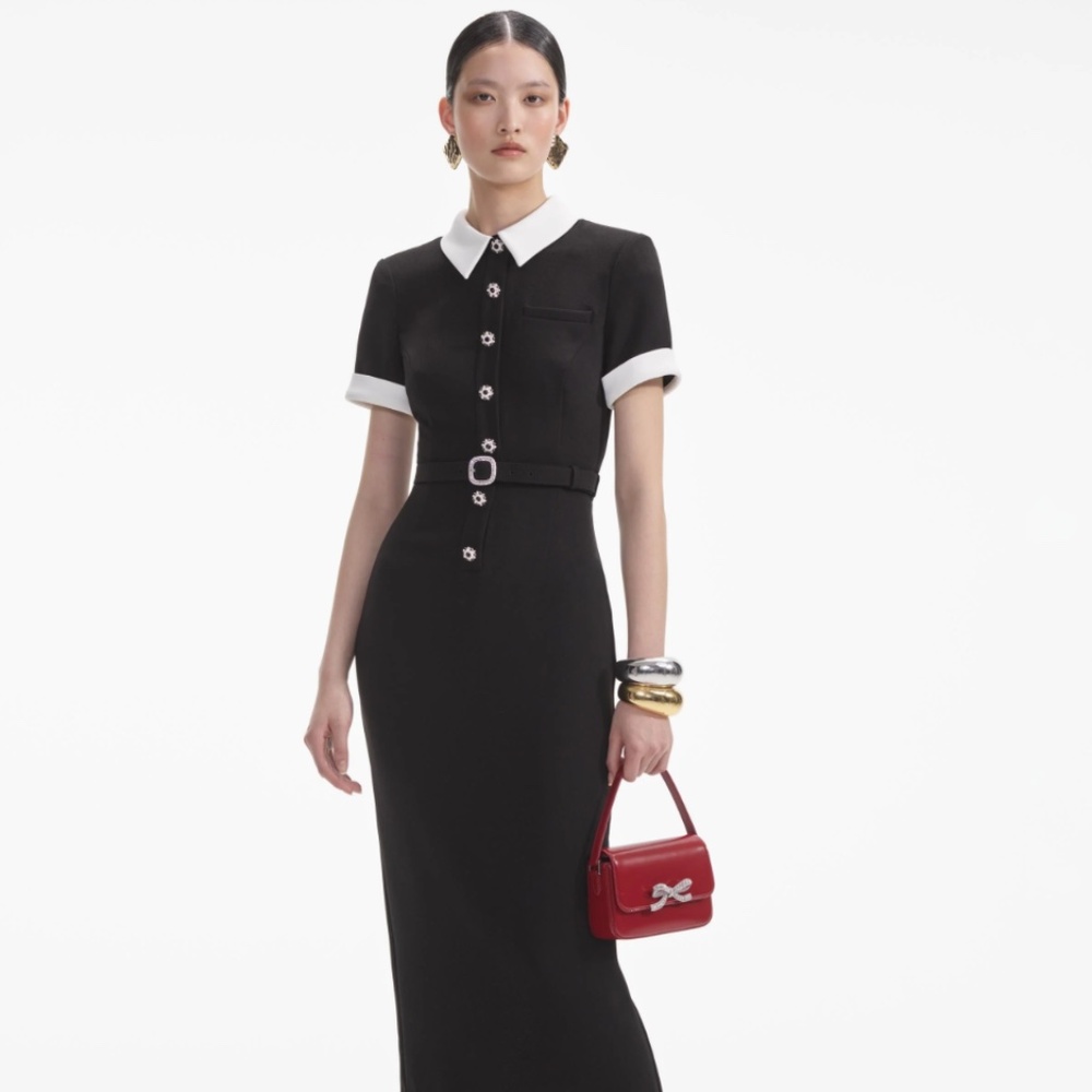self-portrait Black Crepe Contrast Midi Dress Size: US4 - MSRP $585 - NWT